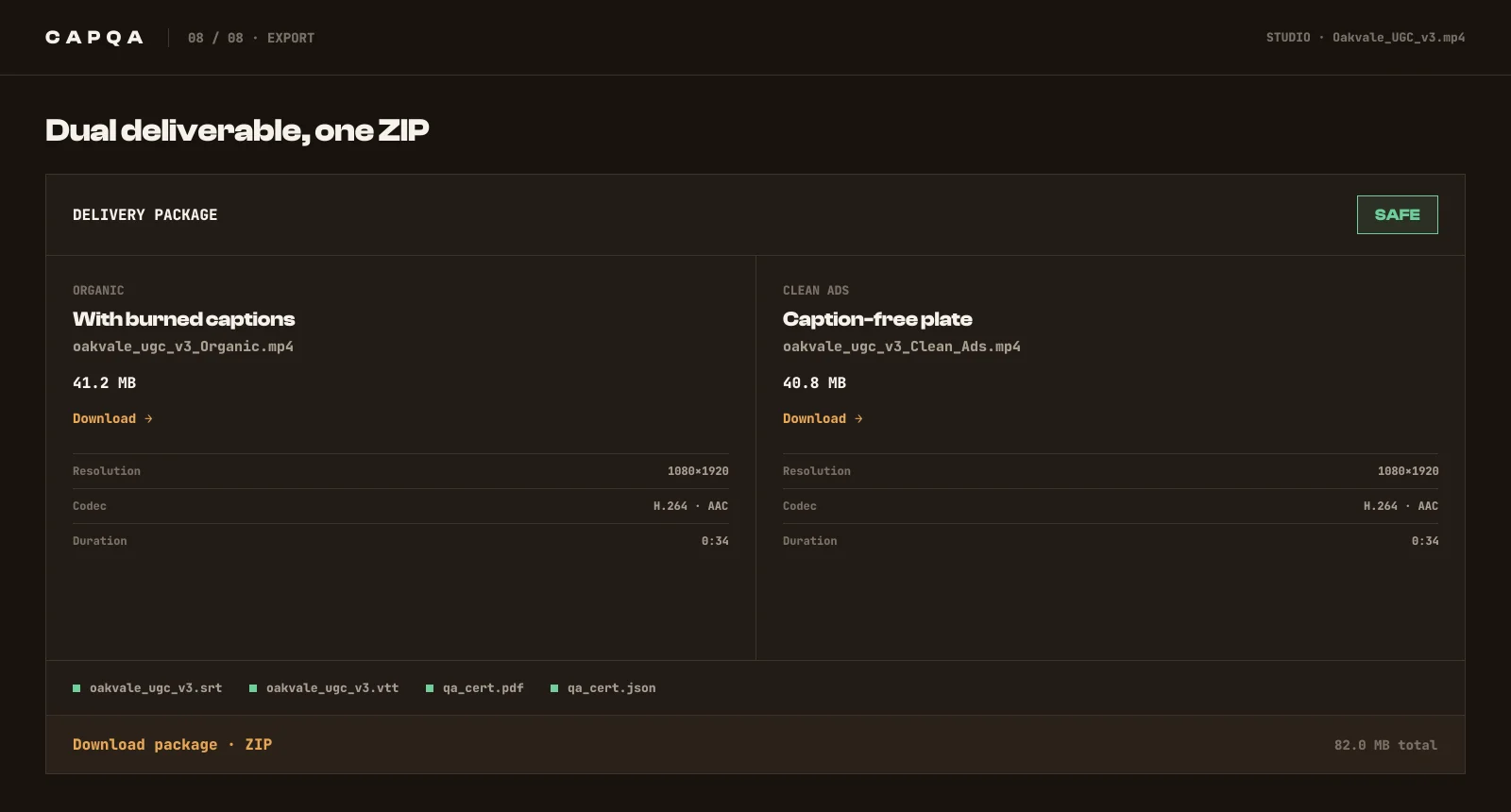 CapQA Studio delivery package with Organic and Clean Ads downloads