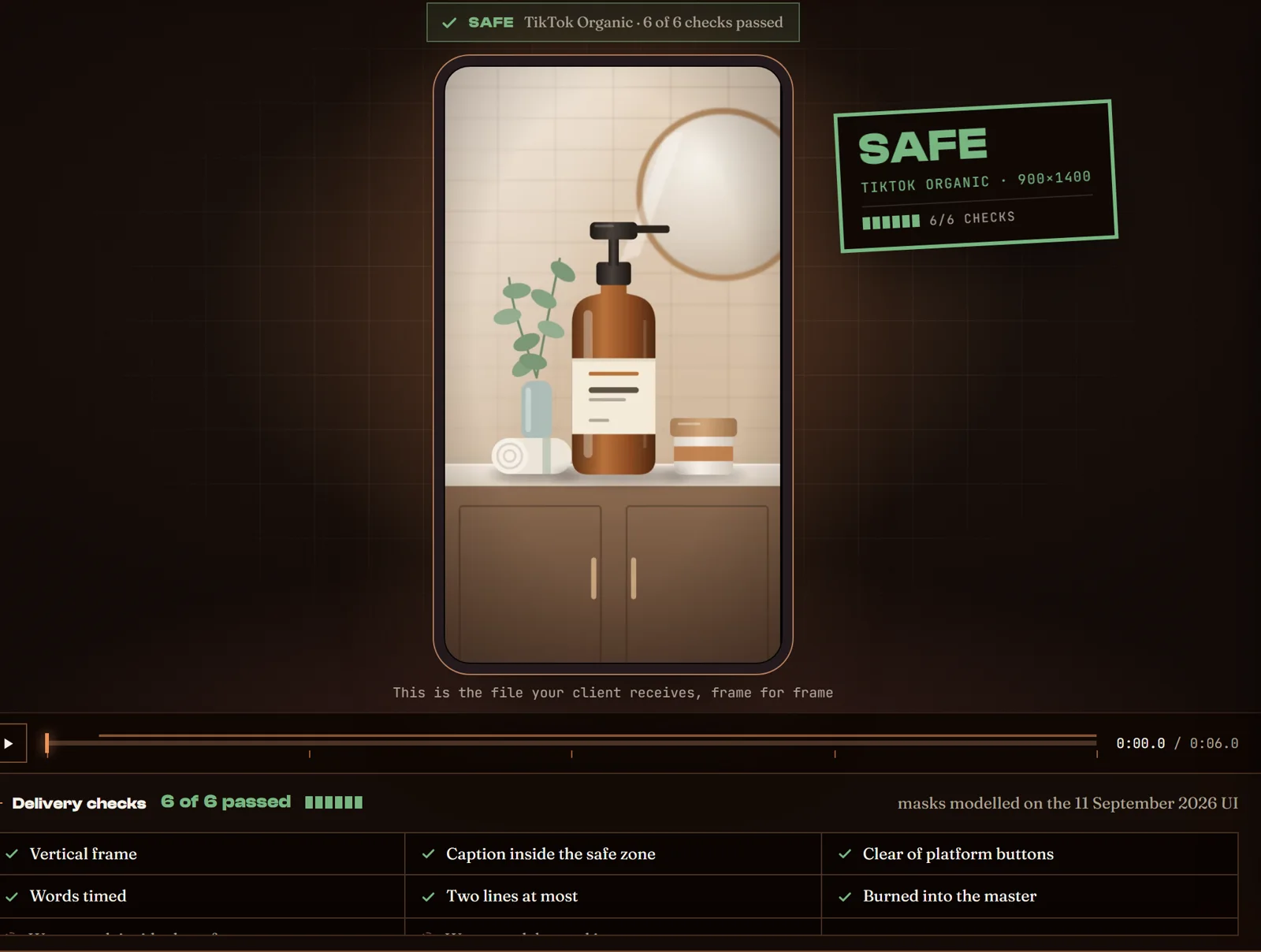 CapQA Studio export step: the delivery stamped SAFE, with each QA check listed